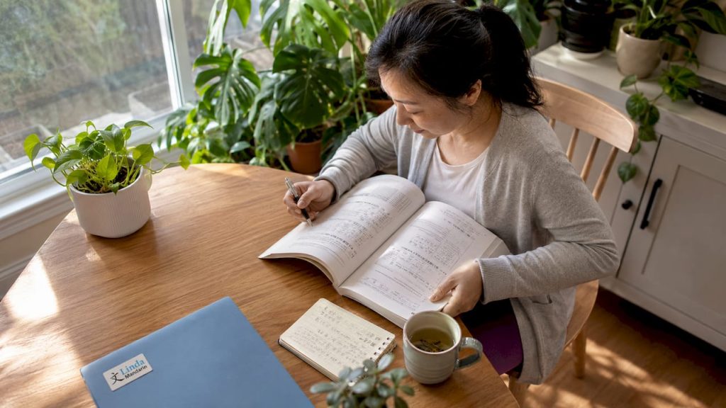 Adult woman reading Mandarin book attentively