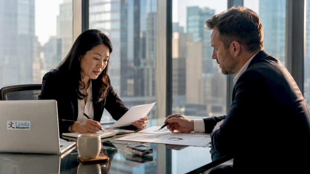 Two professionals negotiating in Mandarin in office
