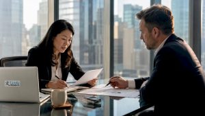 Two professionals negotiating in Mandarin in office