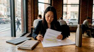 Professional woman reviewing business Mandarin documents