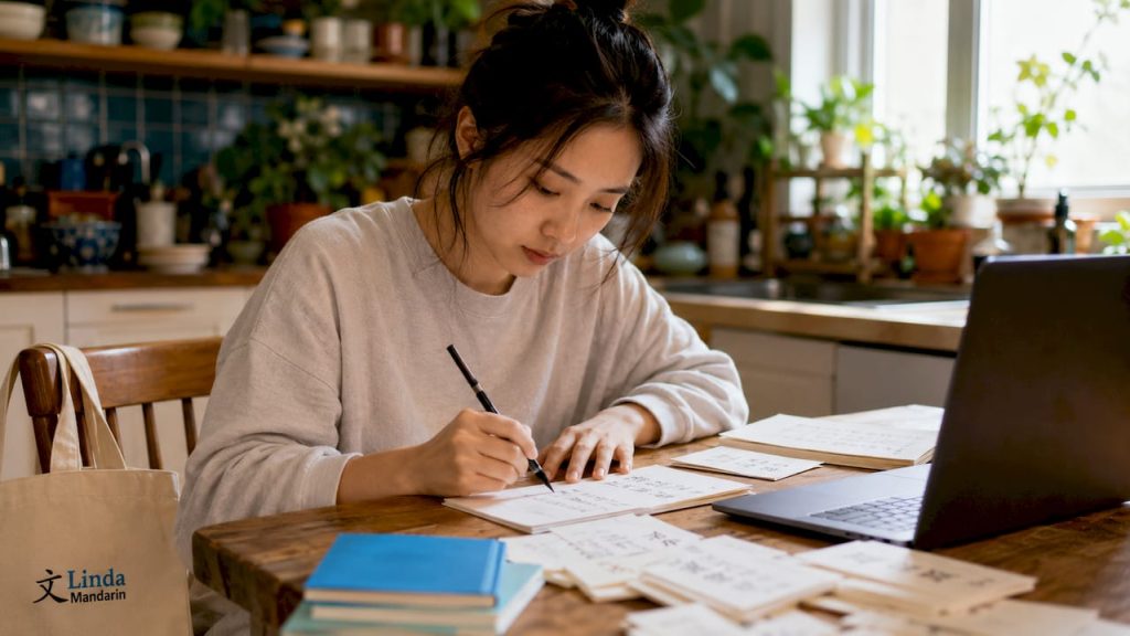 Woman studying HSK flashcards at home desk