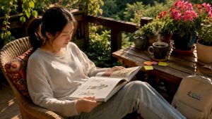 Young woman studying Chinese culture book
