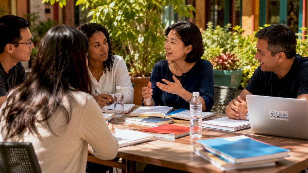 Adults engaged in interactive Mandarin class discussion