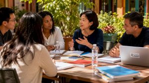 Adults engaged in interactive Mandarin class discussion