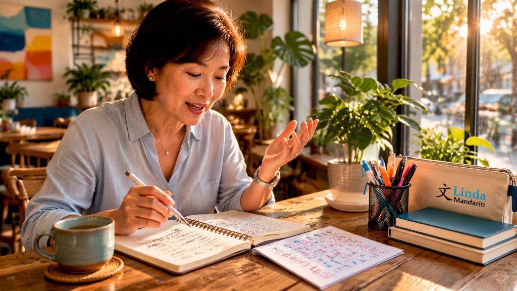 Adult woman practicing Mandarin phrases at home desk