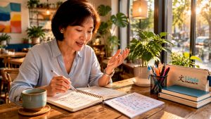 Adult woman practicing Mandarin phrases at home desk