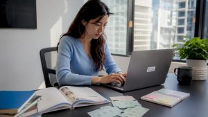 Woman studying Mandarin with AI tools at home desk