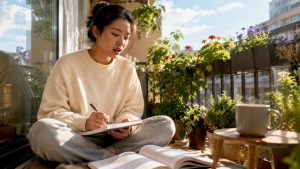 Young woman studying Mandarin at home