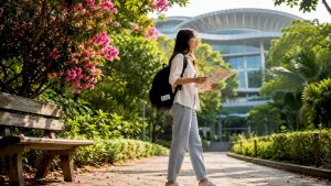 Student walking on NUS campus pathway