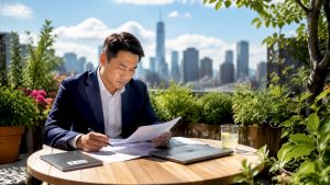 Businessman studying Mandarin documents in office