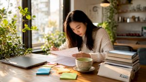 Learner studying Mandarin grammar at home