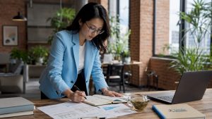 Professional woman reviewing Mandarin notes in office