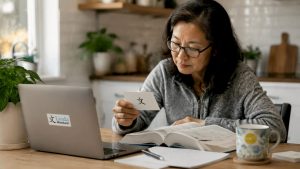 Adult woman studying Mandarin with English support
