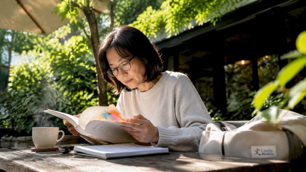 Woman studying Mandarin at home table