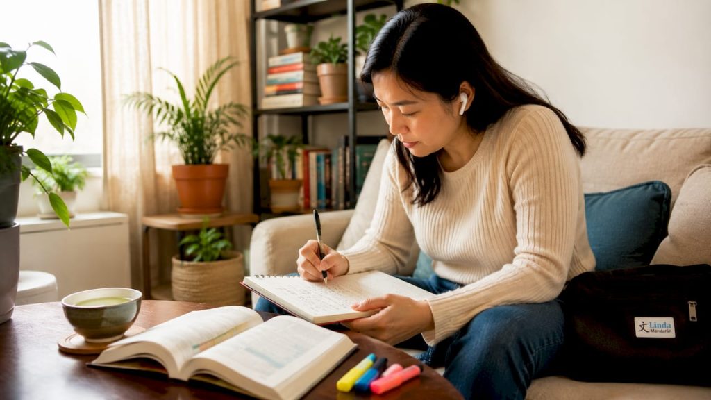 Adult woman practicing Mandarin pronunciation at home
