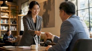 Professional woman exchanging business cards at event