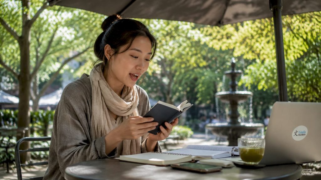 Professional woman practicing Mandarin pronunciation at table