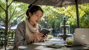 Professional woman practicing Mandarin pronunciation at table