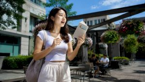 Professional woman practicing Mandarin in home office