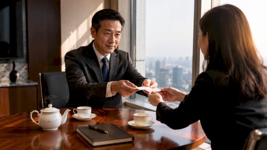 Business professional exchanging cards in Chinese meeting