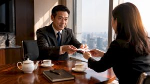 Business professional exchanging cards in Chinese meeting