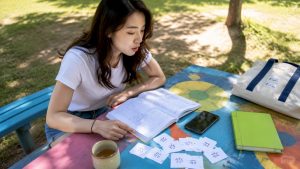 Woman practicing Mandarin tones at kitchen table