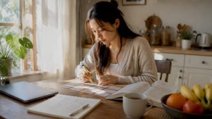 Young woman studying Mandarin vocabulary flashcards