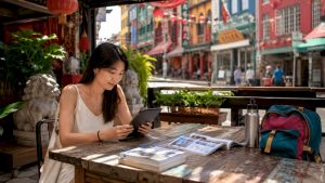Traveler browsing hostel options in common area