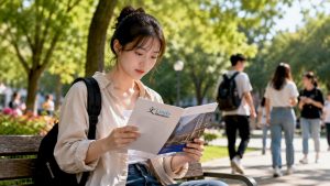 Student reviewing university brochure outdoors