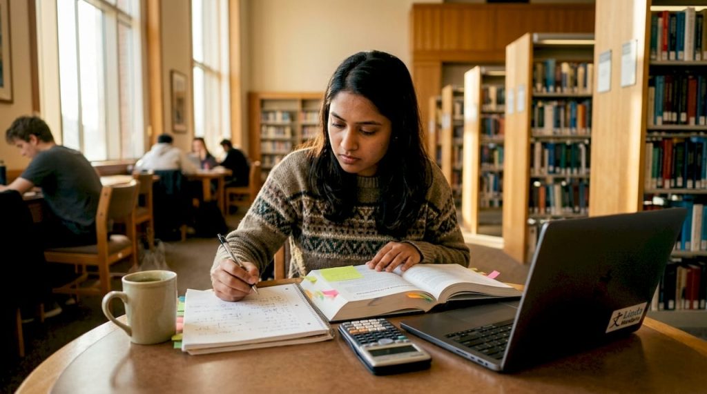 Woman studying financial engineering course materials