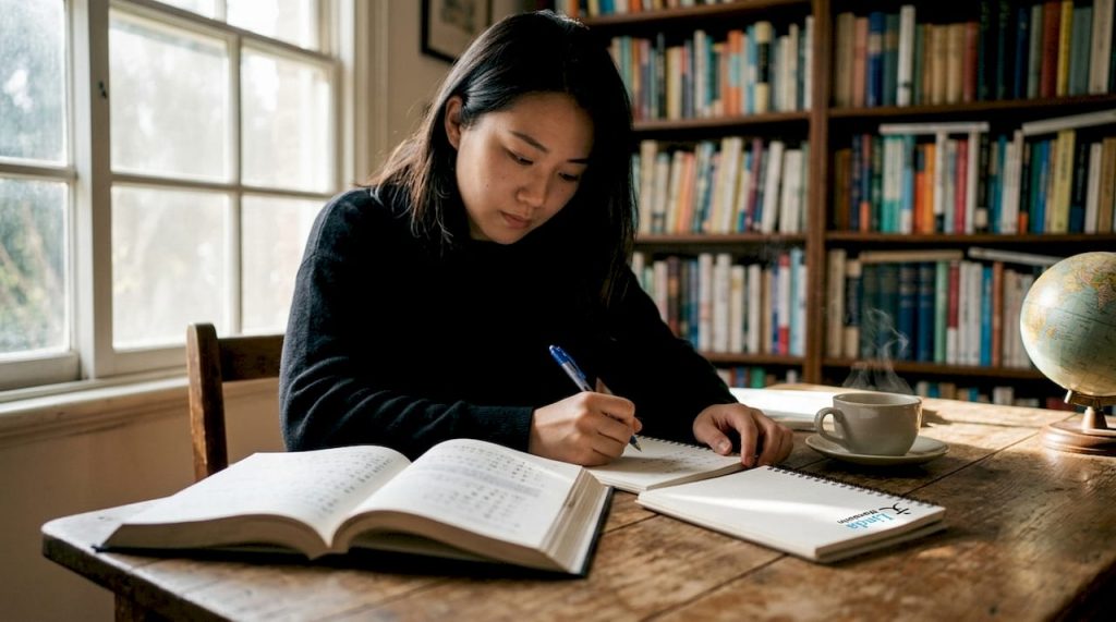 Asian woman studying academic Mandarin at a library table