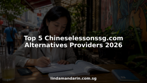Adult woman practicing Mandarin writing in bright classroom