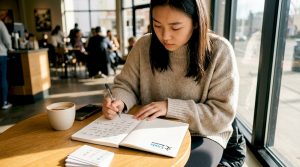 Student practicing Chinese pronunciation at home