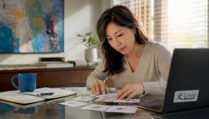 Middle-aged woman studying Mandarin at home