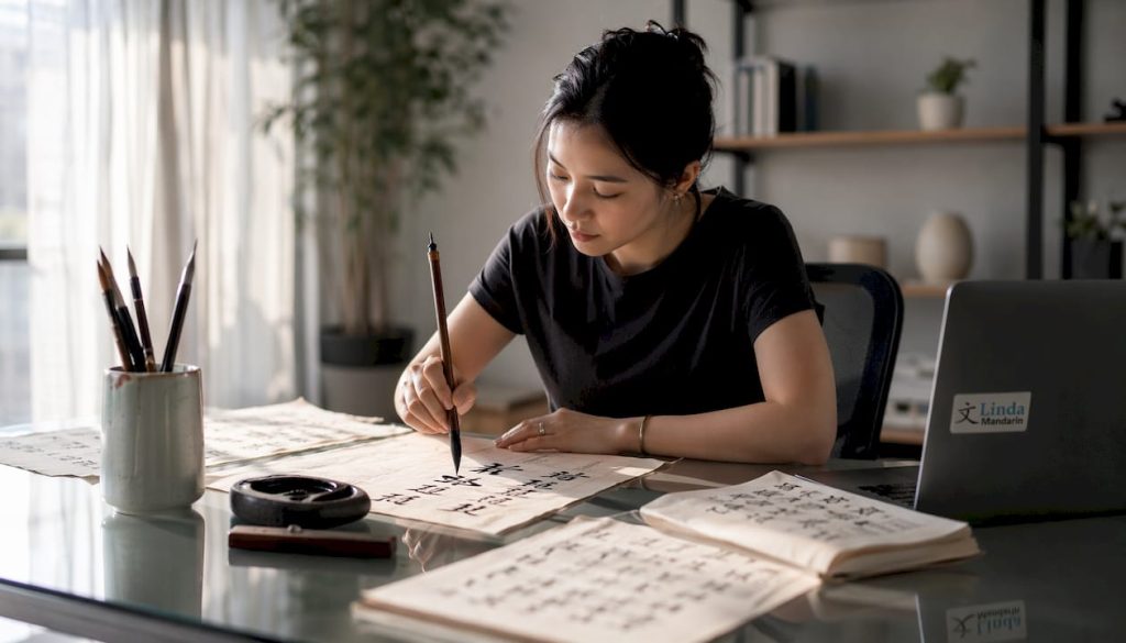 Woman practicing professional Chinese calligraphy