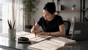Woman practicing professional Chinese calligraphy