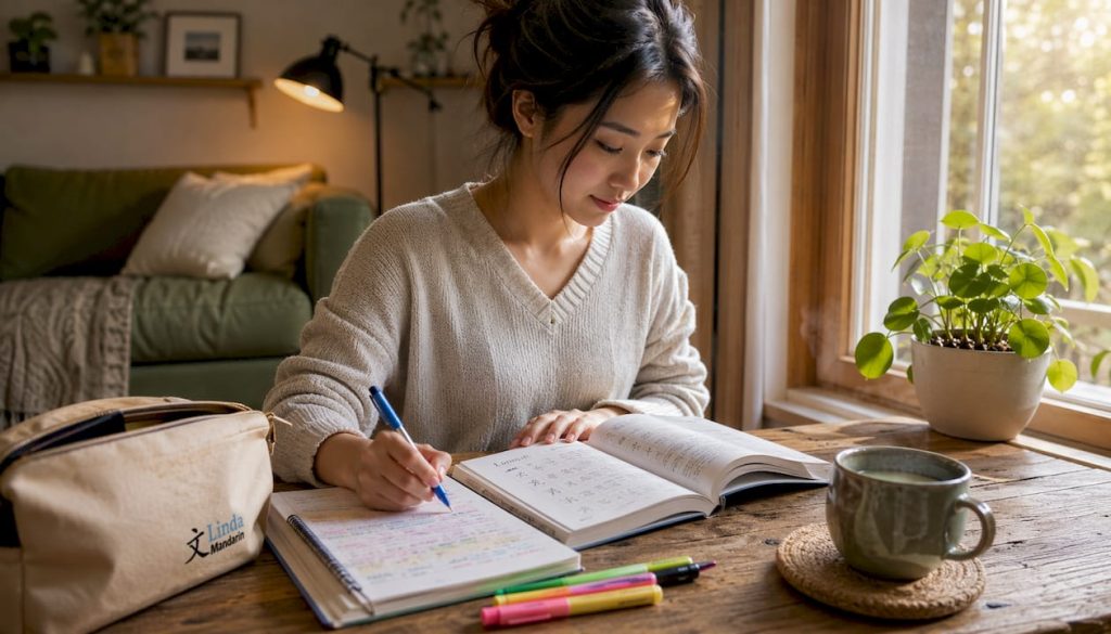 Woman studying Mandarin characters at home table