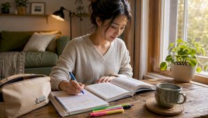 Woman studying Mandarin characters at home table