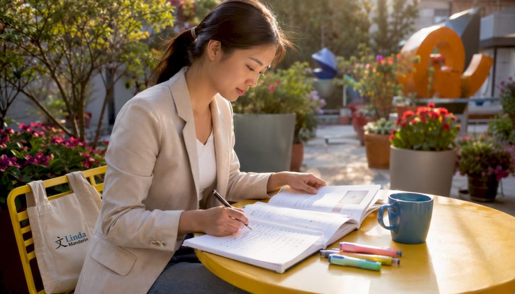 Professional studying Chinese at desk