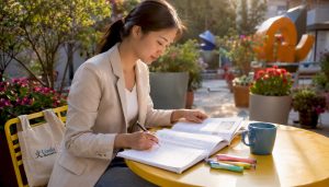 Professional studying Chinese at desk