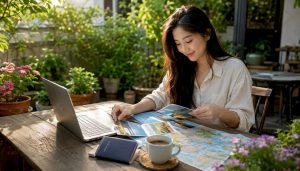 Woman planning trip in home office