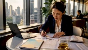 Businesswoman preparing Mandarin documents in office