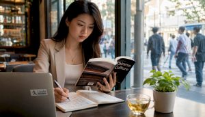 Mandarin learner studying Chinese culture at desk