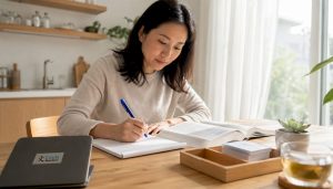 Professionally dressed woman studying Mandarin at desk