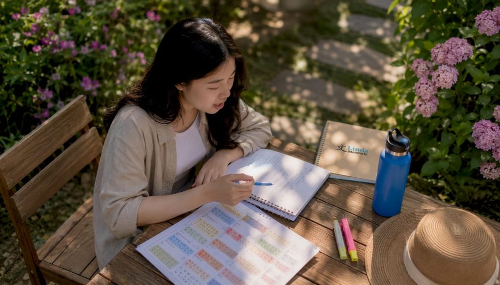 Young woman practicing Chinese pronunciation at home