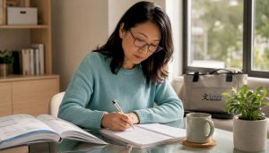 Expat woman studying Chinese at home