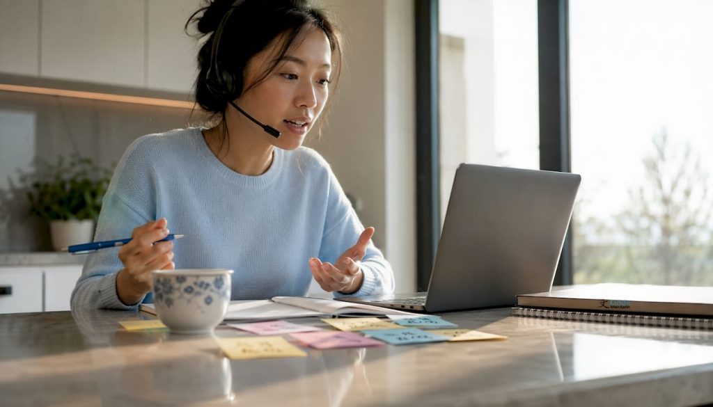 Adult woman attending live online Mandarin class