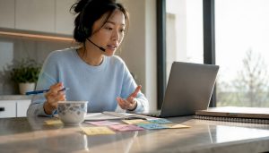 Adult woman attending live online Mandarin class