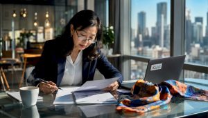Businesswoman reviewing documents in office