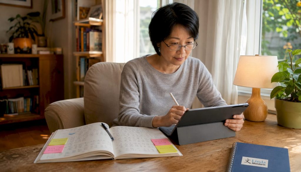 Adult learner focused on Mandarin tablet study